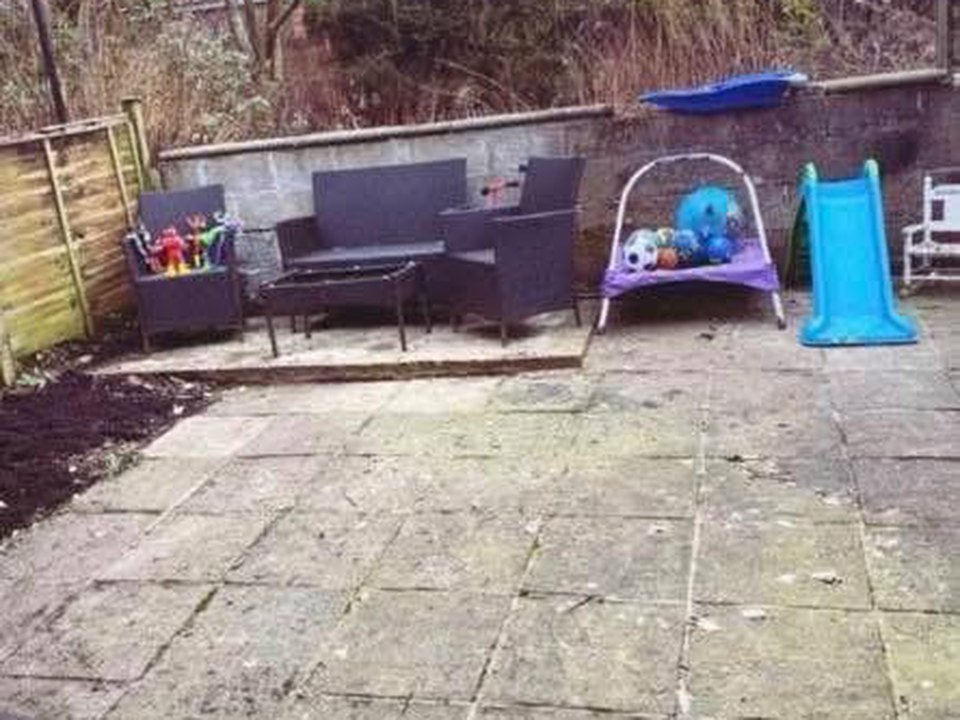 Before: cracked paving slabs, old fence and bare soil